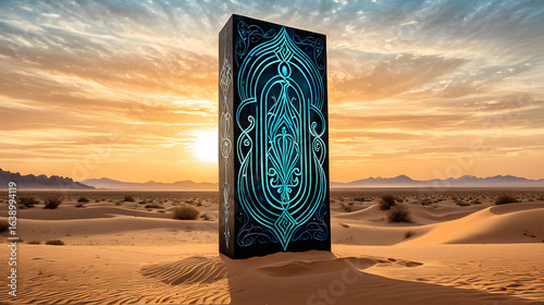 Ornate Monolith in Desert Landscape