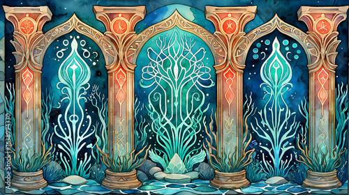 Underwater Temple Watercolor Painting