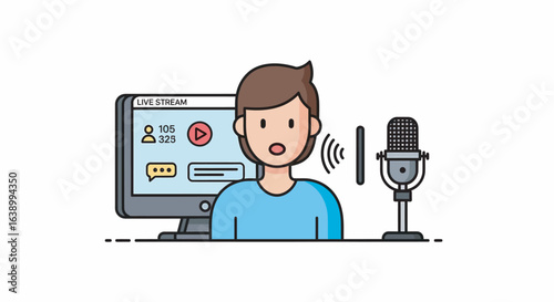 Cartoon illustration of a person podcasting, with computer and microphone.