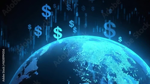 A stylized digital globe, glowing blue, is encircled by numerous dollar signs and candlestick charts, symbolizing global finance and market fluctuations