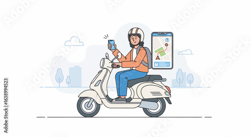 Woman on scooter using mobile navigation app for delivery.