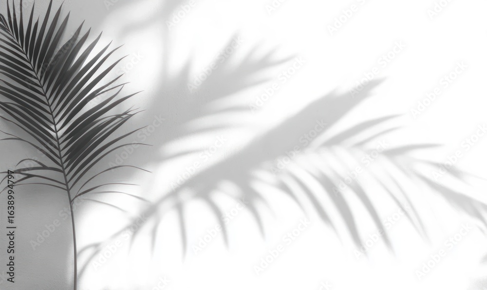 Obraz premium Black and white image of a palm leaf casting a sharp shadow on a white wall, evoking a calm and minimalist atmosphere