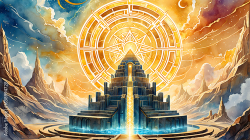 Temple Labyrinth Watercolor Landscape