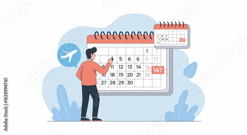 Man planning travel dates on a large calendar, marking flight day.