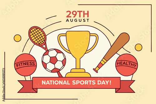 National Sports Day celebration with trophy soccer ball tennis racket baseball bat and fitness healthy balls