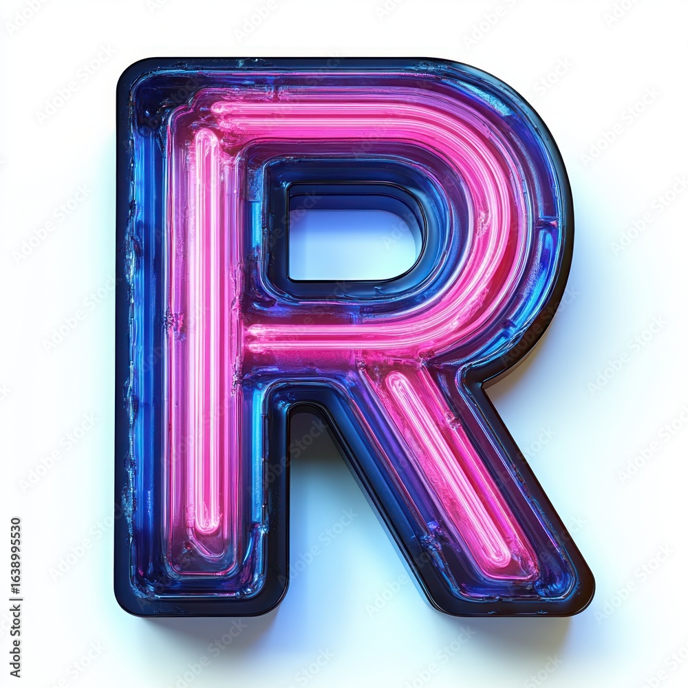 Close-up of a three-dimensional letter R with glowing pink and blue neon lights encased in a transparent glossy frame against a white background Close-up of a three-dimensional letter R with glowing pink and blue neon lights encased in a transparent glossy frame against a white background