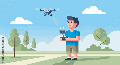 Boy happily operates a drone in a sunny park.