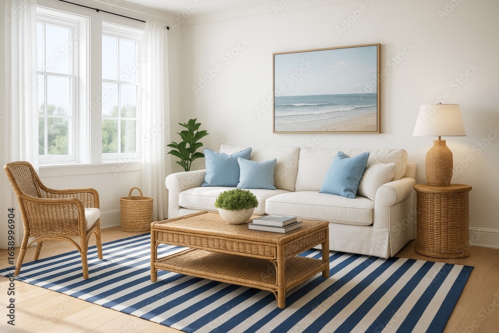 Cozy coastal-inspired living room with wicker furniture, striped rug, and ocean artwork in a bright, sunlit home interior. Ai generative Cozy coastal-inspired living room with wicker furniture, striped rug, and ocean artwork in a bright, sunlit home interior. Ai generative