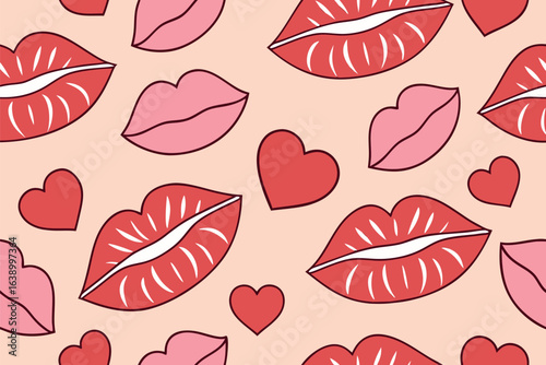 Red and pink lips and hearts seamless pattern on light pink background mouth kiss