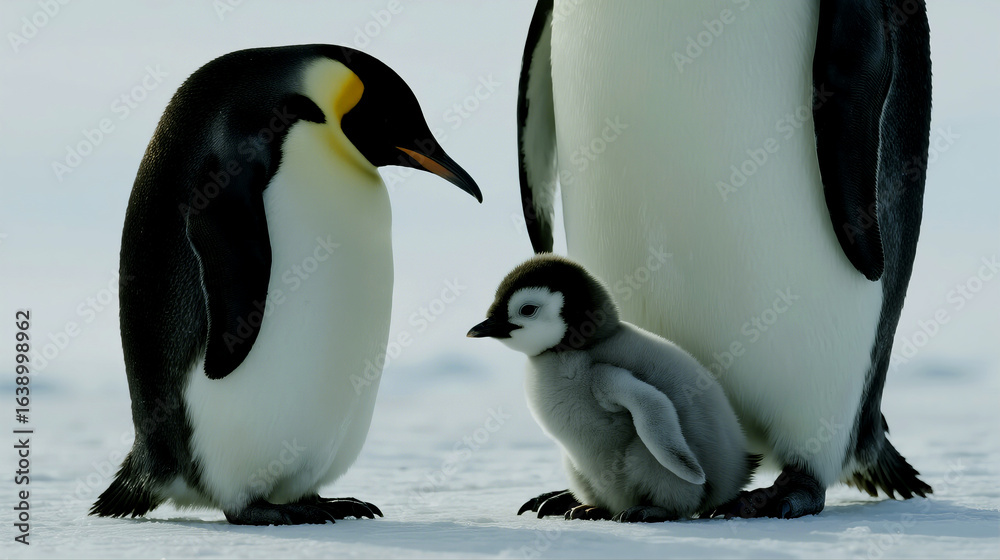 Fototapeta premium Adorable Emperor Penguin Family Enjoying Snowy Antarctic Landscape Together