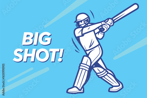 Stylized illustration of a cricket batsman in action hitting a ball with text Big Shot on a blue background