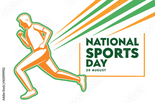 Stylized runner in orange and green with National Sports Day text and date running athletic