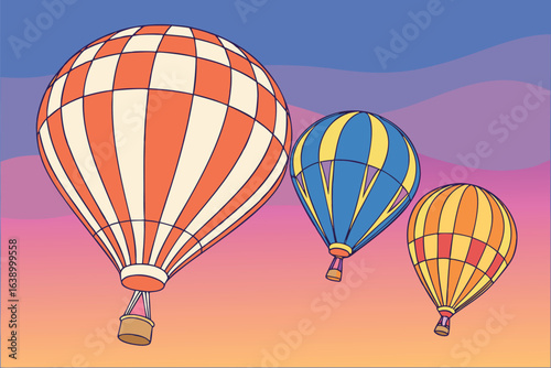 Three colorful hot air balloons floating in a gradient sky with wavy lines flight travel