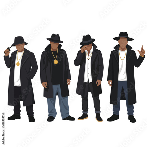 Four men in black coats and hats, wearing gold chains, standing side-by-side against a white background.