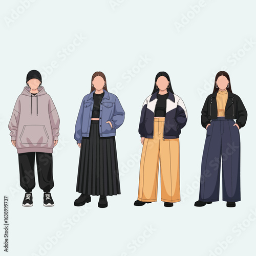 Four stylishly dressed women illustrated in various casual outfits, showcasing different fashion aesthetics.