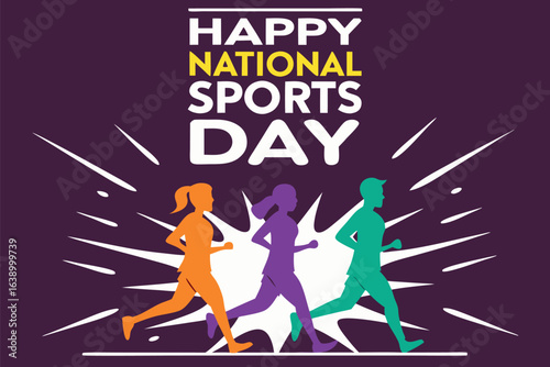 Three runners in orange purple and green silhouettes running with white abstract shapes and text happy national sports day