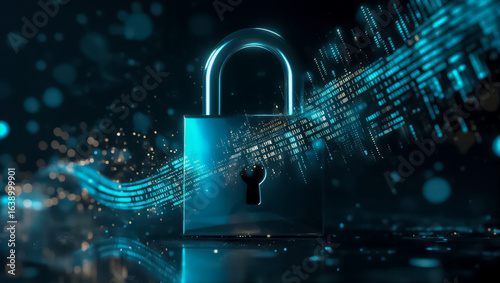 Futuristic Digital Security Concept – Metallic Geometric Lock Securing Glowing Data Stream, Cyberpunk Minimalist Design with Cool Blue Lighting