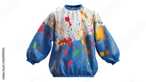 Kid? art smock with paint splatters, photorealistic, isolated on white background