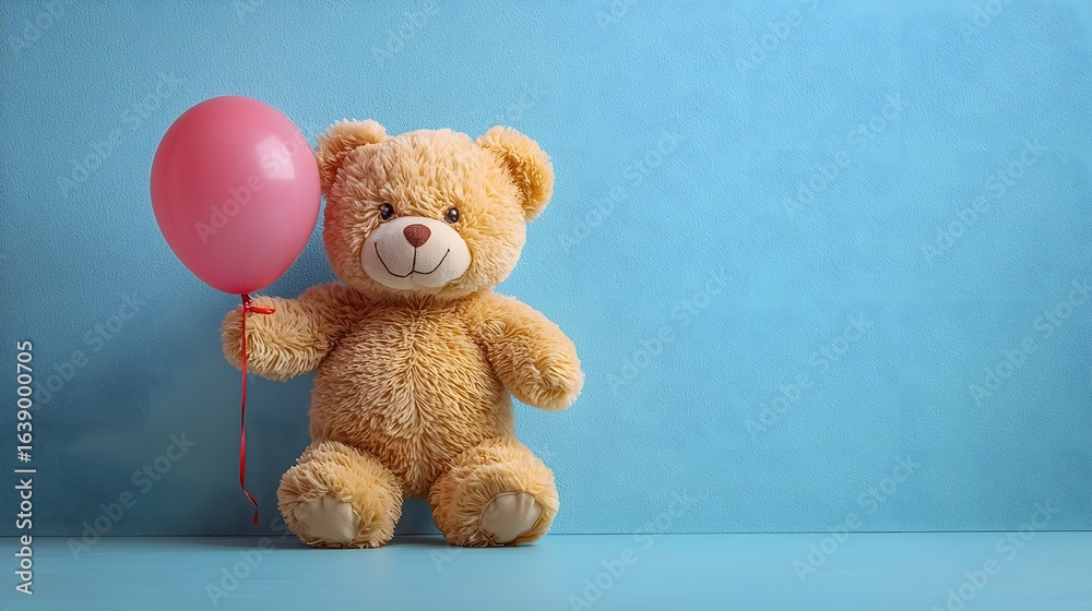 Fototapeta premium Cheerful teddy bear holding a pink balloon against a vibrant blue background