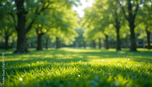 Sunlit park pathway lined with lush green trees and vibrant grass