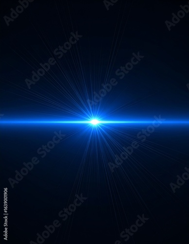 暗い背景に、強い光源から横に長く伸びる、青いアナモルフィックレンズフレア