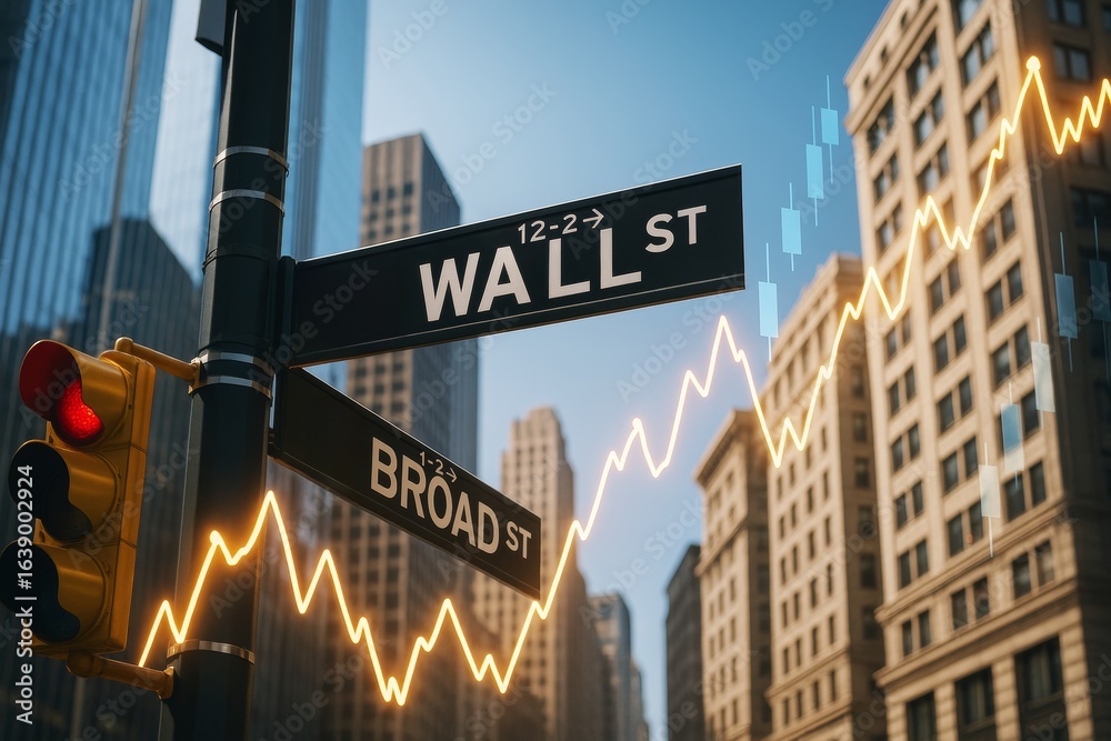 Obraz premium Wall Street and Broad Street signs with financial chart overlay on city background illustrating business growth and stock market concept.
