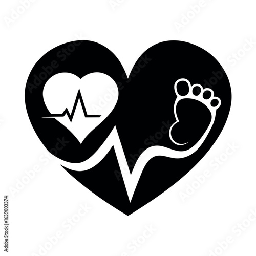 Black Heart with Baby Footprint and Heartbeat Line Illustration on White Background