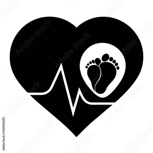 Black Heart Pulse with Baby Feet Inside, Newborn Love and Care Concept