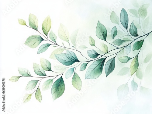 Delicate watercolor illustration of intertwined leafy branches in varying shades of green on a soft white background evoking calm and natural beauty