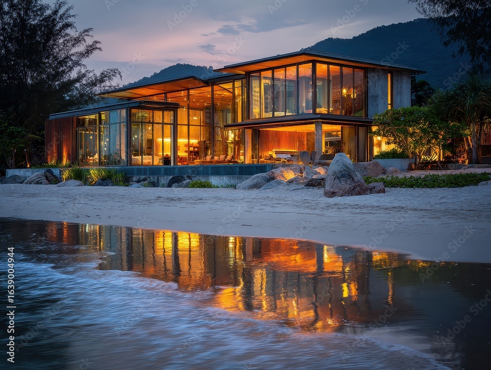 Fototapeta premium A house on the beach with a reflection of the water