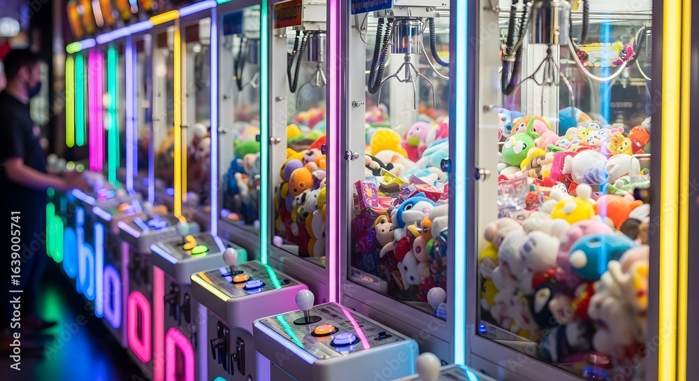 Naklejka premium Neon-Lit Arcade Dreams: A Row of Claw Machines Filled with Plush Prizes