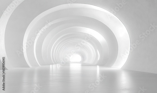 Minimalist white tunnel with concentric circular arches illuminated by soft natural light creating a futuristic and serene atmosphere