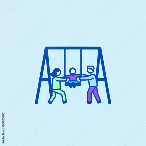Outline of two children pushing a child on a swing on light blue background, playtime concept, copy space