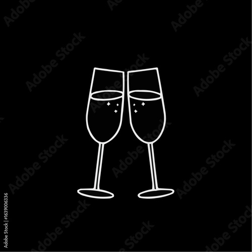 Two sparkling champagne glasses clinking on black background, celebration concept, copy space
