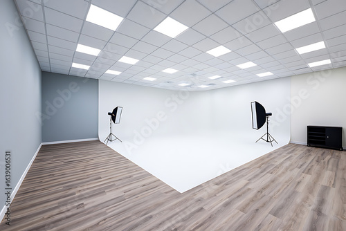 Spacious interior of a modern photography studio with professional lighting equipment. Features a large white cyclorama background and wooden flooring, an ideal empty space.