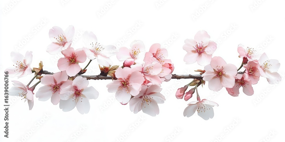 Naklejka premium Delicate pink and white cherry blossom flowers blooming on a slender brown tree branch isolated on white background