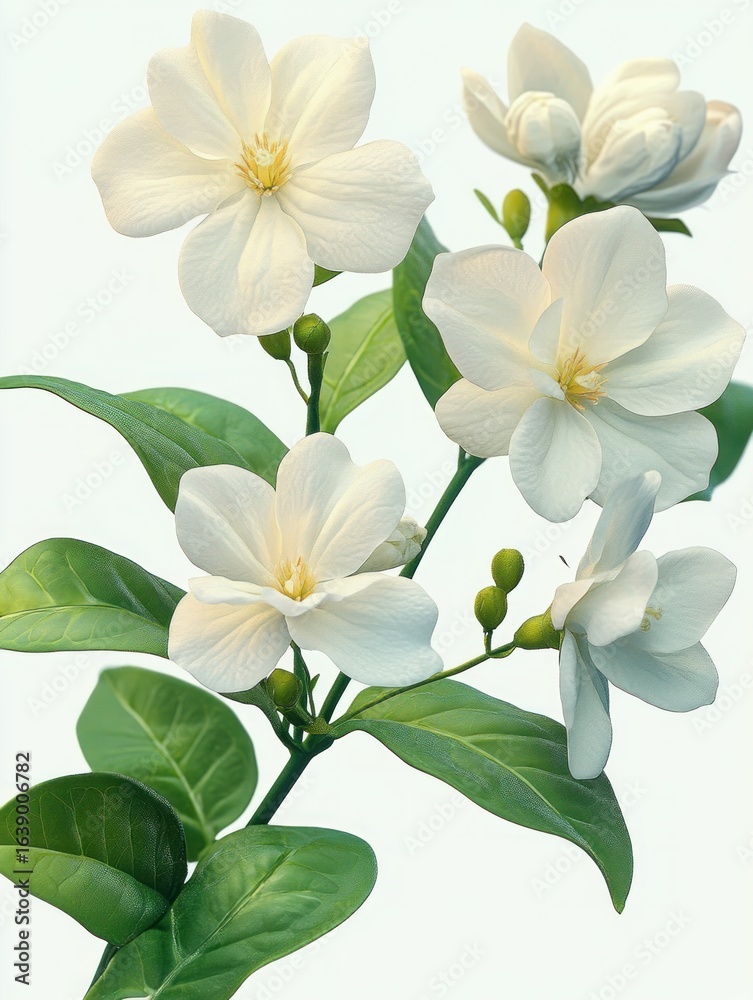 Obraz premium Close-up of delicate white jasmine flowers in full bloom with lush green leaves, conveying a sense of purity and natural beauty