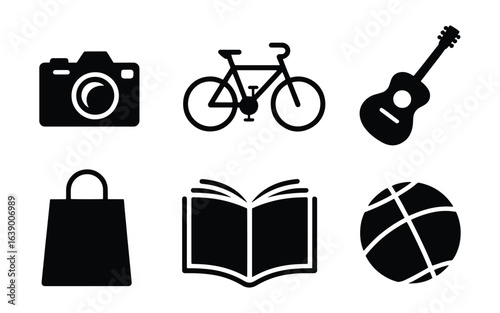 Black Vector Silhouettes – Shopping, Music, Sports, Reading & Travel, lifestyle, hobbies, camera, bicycle, guitar, book, coffee, shopping, bag, sports, ball, leisure, reading, travel, cycling, music, 