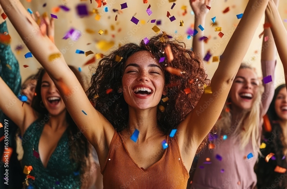 Obraz premium Group of young women joyfully celebrating with arms raised and colorful confetti falling around them at a lively party