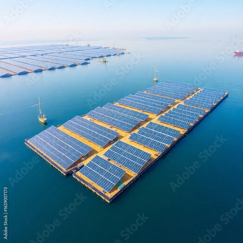 Paneles solares rígidos flotantes instalados en un rio de agua dulce