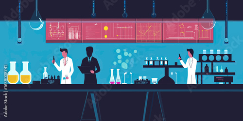 Scientists conducting chemical experiments with test tubes and laboratory glassware in modern research lab with data analysis displays vector illustration flat design