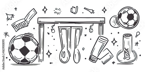 Hand drawn soccer doodle icons with football goal net, two soccer balls, goalkeeper gloves, knee and arm guards, sport elements and lines sketch style vector illustration