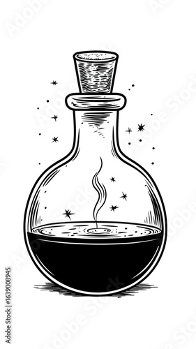 black and white magical potion bottle with stopper emitting smoke and sparkles alchemy mystical vial engraving style vector illustration