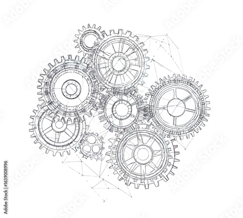 Technical wireframe illustration of interconnected mechanical gears and cogs in 3D low poly style with precise engineering lines and nodes on white background digital concept