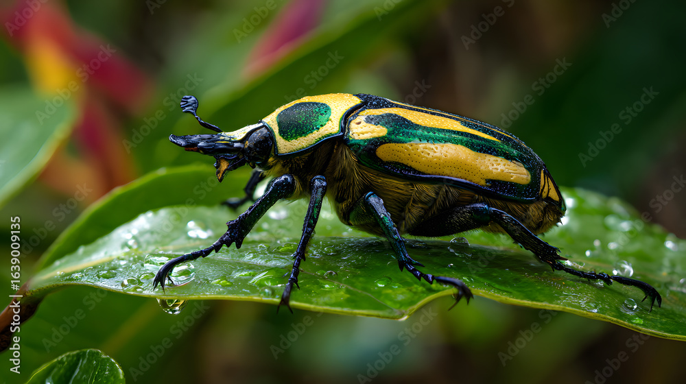 Rare animal Goliath beetle (Goliathus goliatus) perched on a vibrant green leaf in the heart of a lush tropical rainforest. Rare animal Goliath beetle (Goliathus goliatus) perched on a vibrant green leaf in the heart of a lush tropical rainforest.