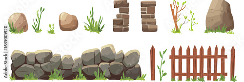 Cartoon stone wall elements set including large rocks, broken brick columns, wooden fence sections, green grass, and sparse plants in flat minimalist style vector illustration