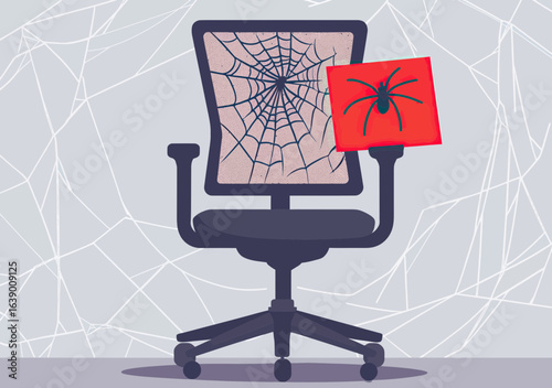 Empty office chair with spider web and red help wanted sign featuring spider symbol representing labor shortage and job vacancy concept in flat minimalist style