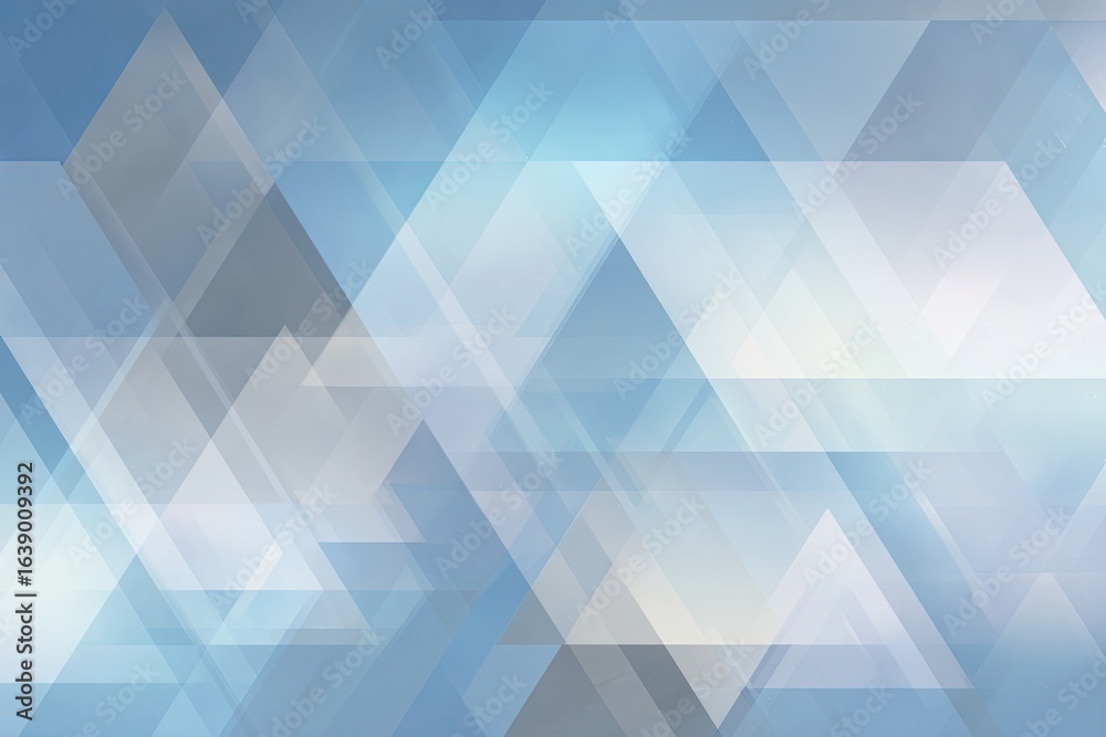 Fototapeta premium Abstract geometric background of overlapping translucent triangles in light blue, gray, and white tones
