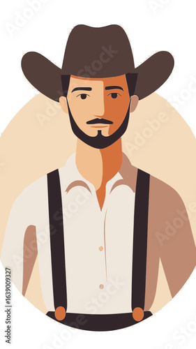Portrait of man wearing cowboy hat and suspenders with beard and mustache minimalist flat vector illustration in warm tones