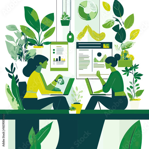 Two business women working on laptops surrounded by green plants and sustainability charts in modern office environment vector illustration